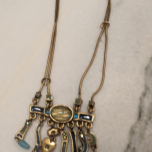 VINTAGE CHICO'S CHATELAINE STATEMENT 2 STRAND BRUSHED GOLD NECKLACE DANGLE BIB - Picture 8 of 11